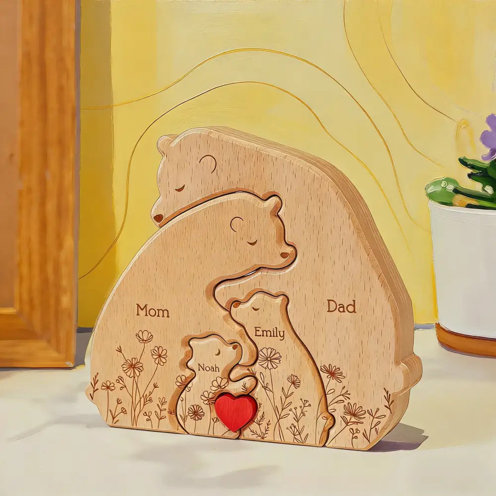 Hugging Bear Family Floral Version - Personalized Wooden Bear Family Puzzle, Gift For Mom