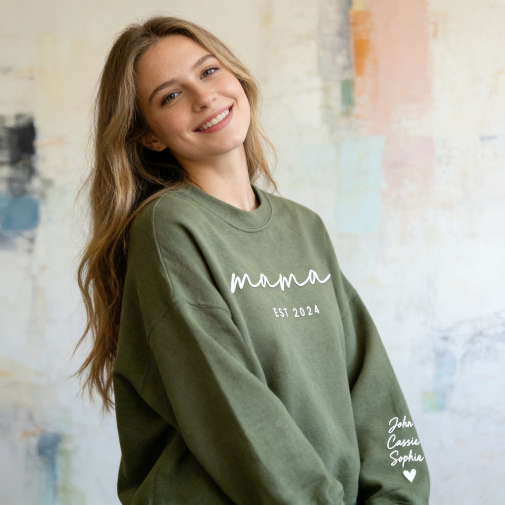 Custom Grandma/Mom EST Puff Sweatshirt with Kids Names on Sleeve - Personalized Gift for Grandma