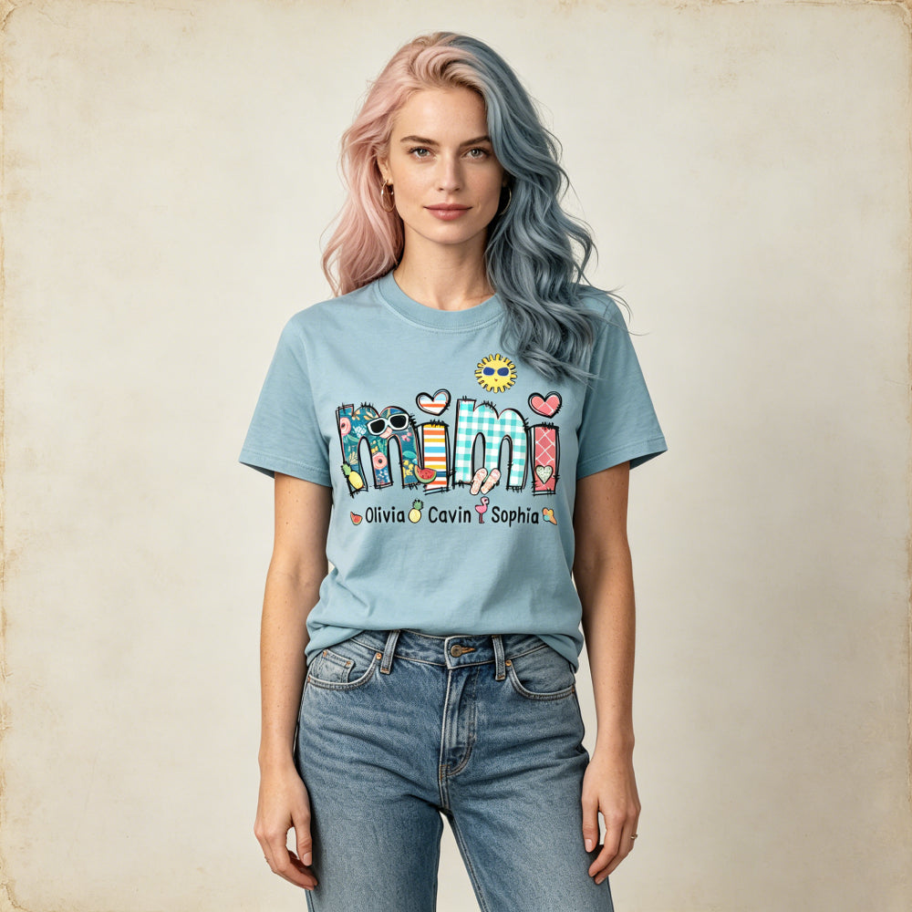 Personalized Summer Mimi T-Shirt – Custom Grandkids’ Names Tee, Colorful Beach Themed Tee for Grandma