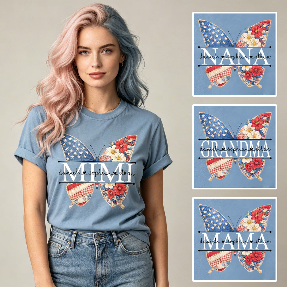 Personalized Mimi T-Shirt – American Flag Flower Butterfly Design with Grandkids‘ Names, Custom 4th of July Grandma Gift (Copy)