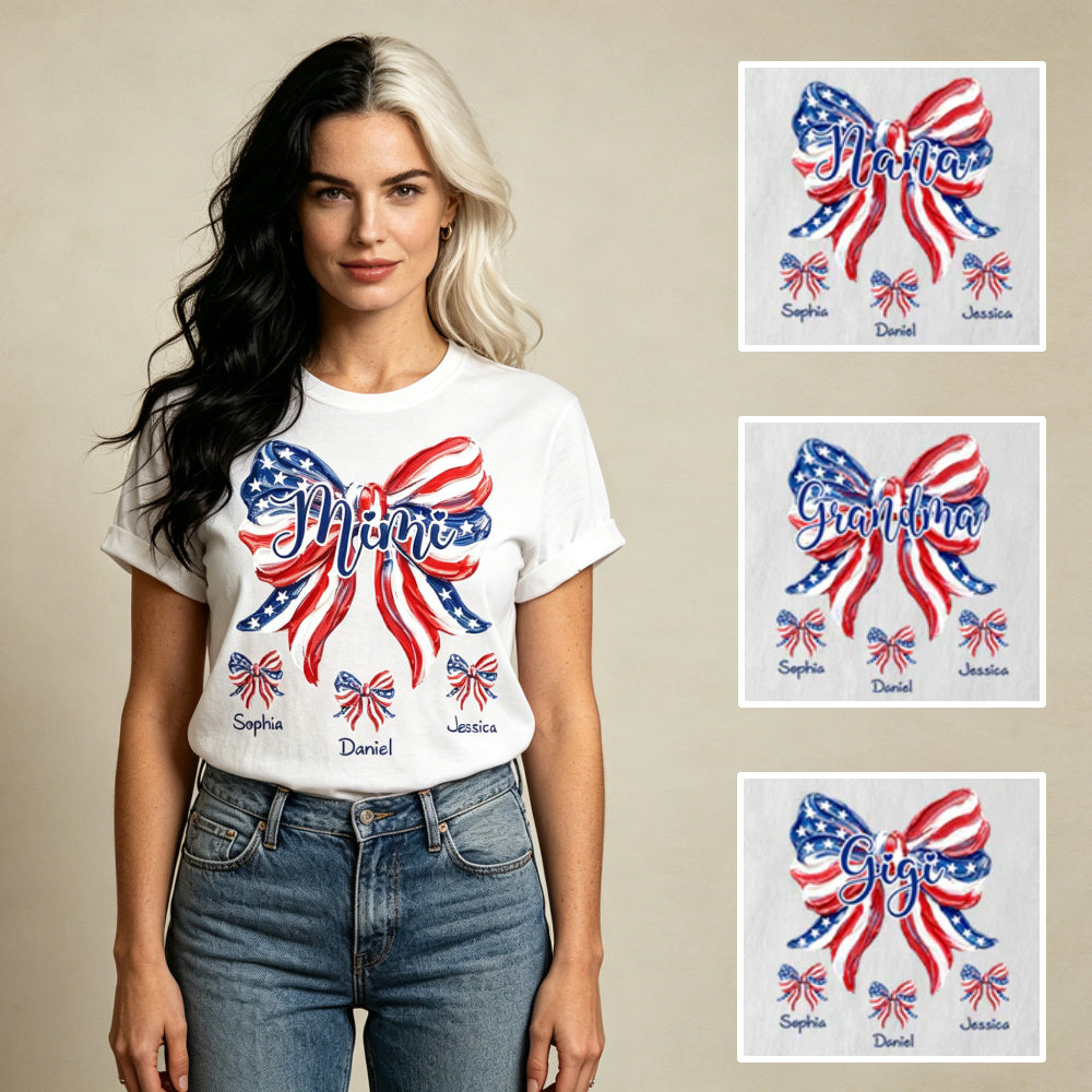 Custom Hand Drawn USA Flag Bow Mimi T-Shirt – Personalized Grandkids Mini Bow Names 4th of July Grandma Patriotic Tee