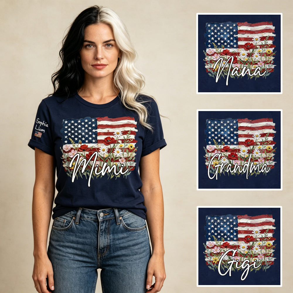Personalized American Flag Floral Grandma T-Shirt – Custom Grandkids’ Names Sleeve Tee, Patriotic 4th of July Gift for Grandma