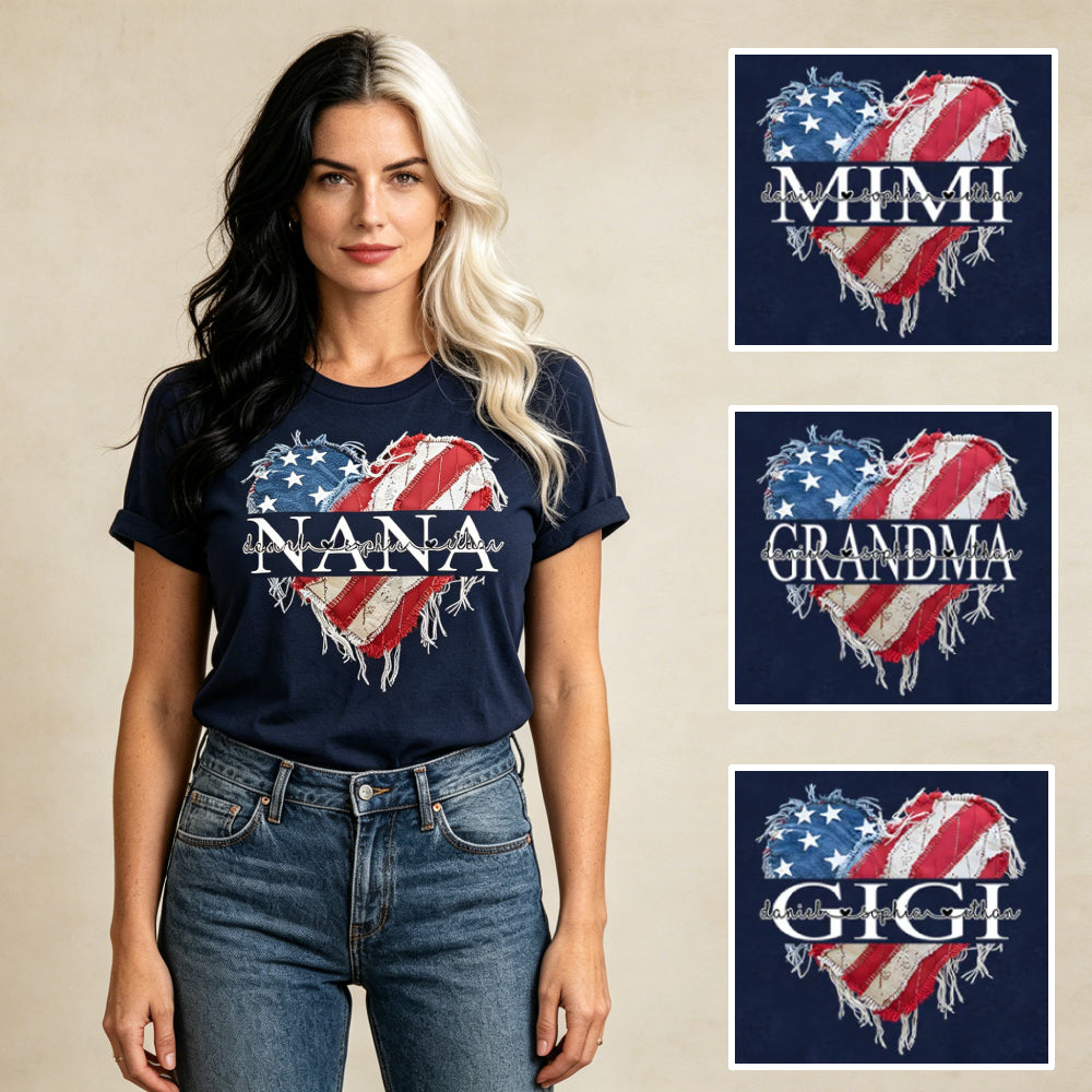 Personalized Nana Patriotic Heart T-Shirt – Custom Grandkids’ Names Tee, American Flag Fringe Heart Design, 4th of July Gift for Grandma
