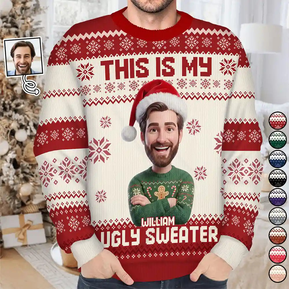 Custom Photo 3D This Is My Ugly Christmas Sweater, Personalized Face & Name Ugly Xmas Sweatshirt, Personalized Family Face Cut Optical Illusion Crewneck, Unisex Holiday Party Novelty Sweatshirt, Christmas Gift for Men Women
