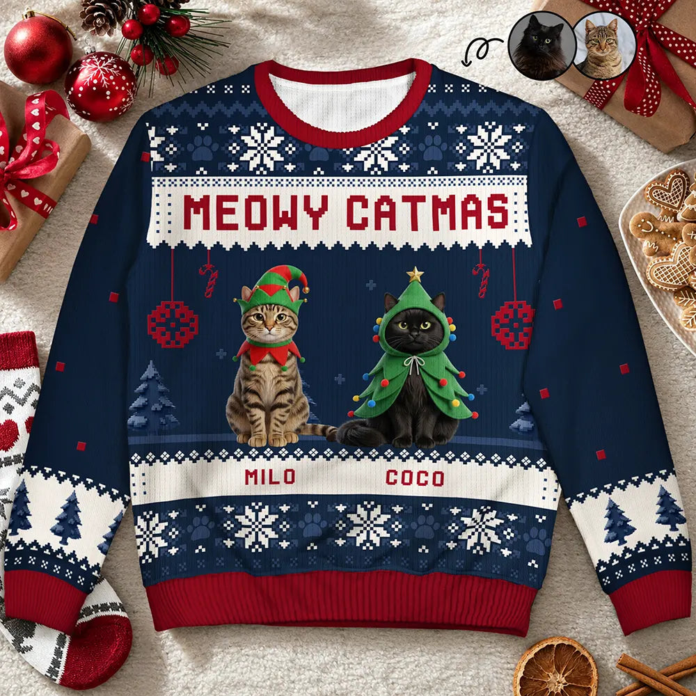Custom Photo 3D Christmas Pet Ugly Sweater, Personalized Unisex Cat Dog Portrait Crewneck, Custom Pet Names, Meowy Catmas, Christmas Gifts For Pet Mom, Pet Dad, Animal Lovers