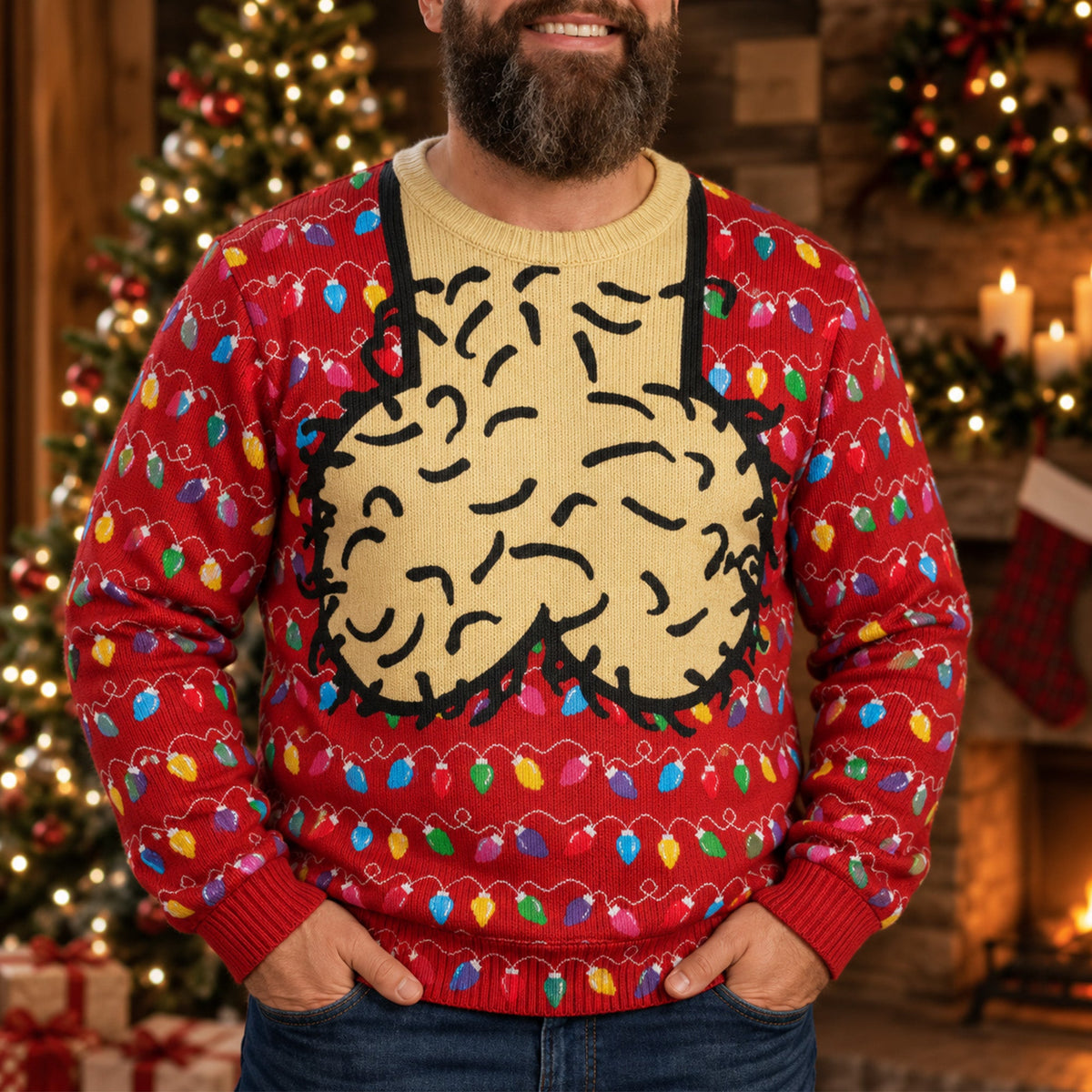 Funny Hairy Chest Optical Illusion Christmas Sweater, Hilarious Gag Gift for Men, Ugly Christmas Sweater Party Outfit