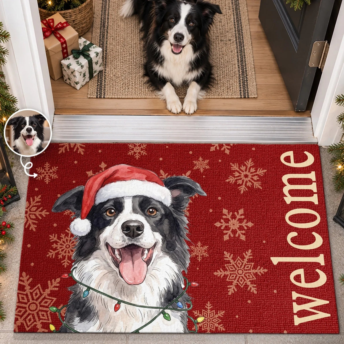Custom Photo Christmas Welcome Doormat, Personalized Pet Photo Decorative Mat, Upload Your Dog Or Cat Portrait, Christmas Birthday Gifts For Dog Mom, Dog Dad, Pet Lovers - Merry Paws
