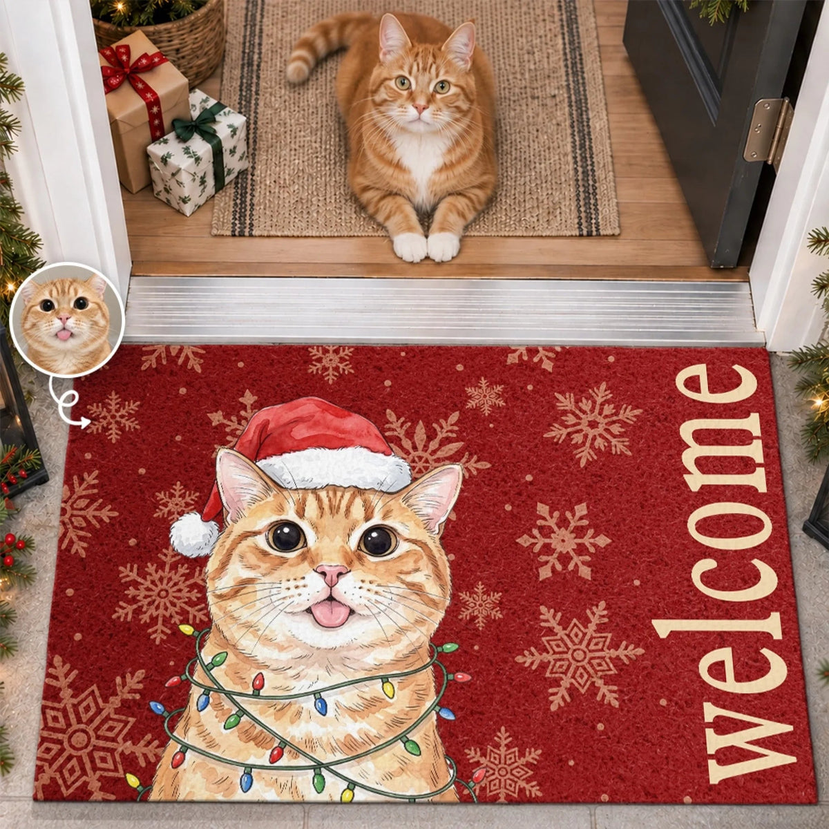Custom Photo Christmas Welcome Doormat, Personalized Pet Photo Decorative Mat, Upload Your Cat Or Dog Portrait, Christmas Birthday Gifts For Cat Mom, Cat Dad, Pet Lovers - No Entry Without A Paw Check