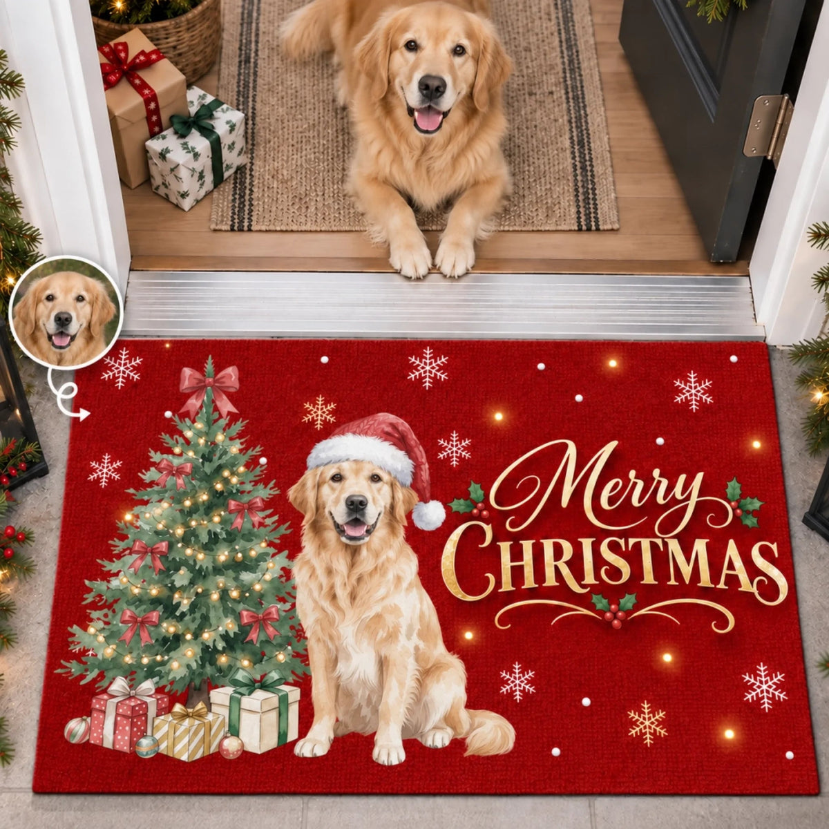 Custom Photo Christmas Welcome Doormat, Personalized Pet Photo Decorative Mat, Upload Your Dog Or Cat Portrait, Christmas Birthday Gifts For Dog Mom, Dog Dad, Pet Lovers - Happiness Has Paws