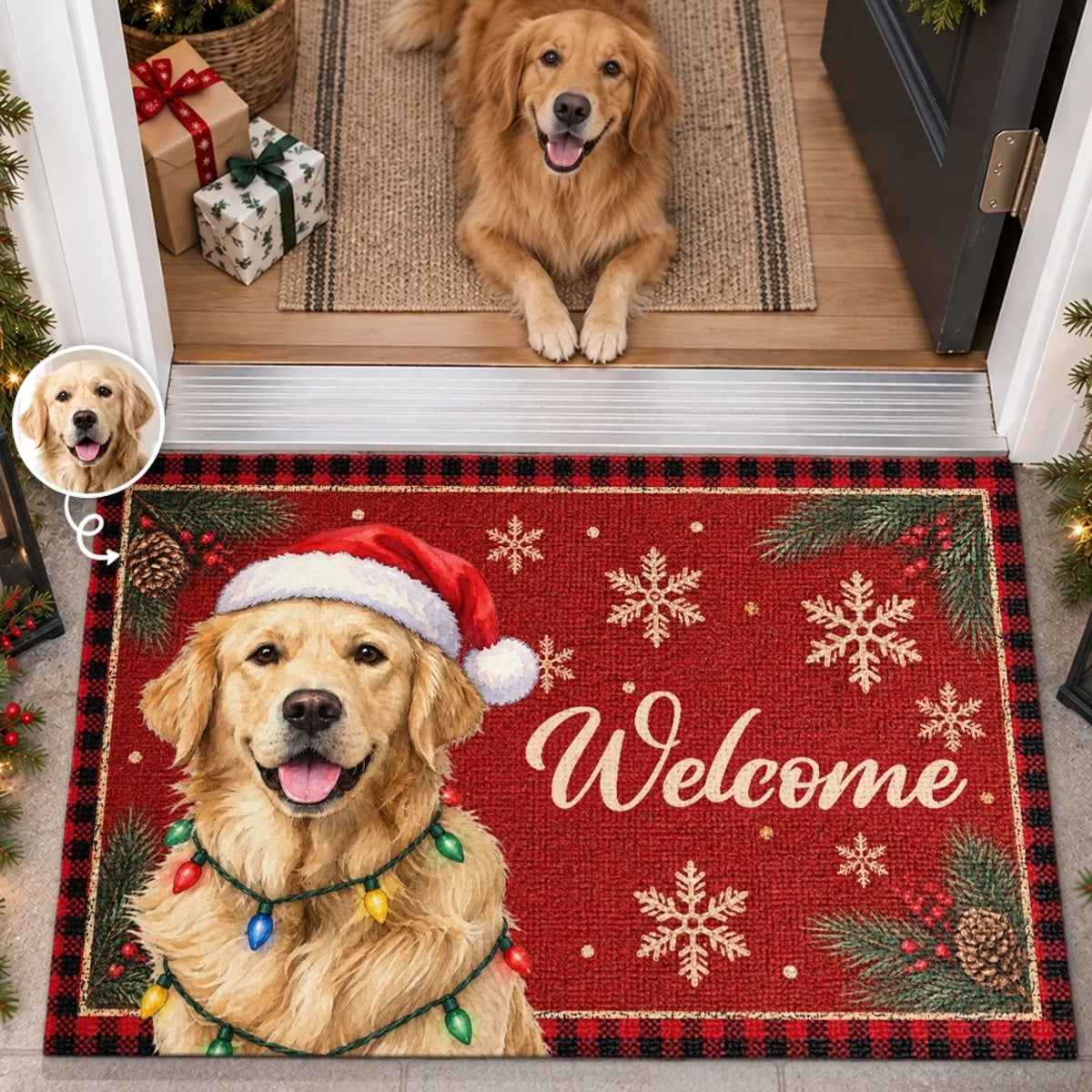 Custom Photo Christmas Welcome Doormat, Personalized Pet Photo Decorative Mat, Upload Your Dog Or Cat Picture, Christmas Birthday Gifts For Dog Mom, Dog Dad, Pet Lovers - Festive Paws Have Arrived