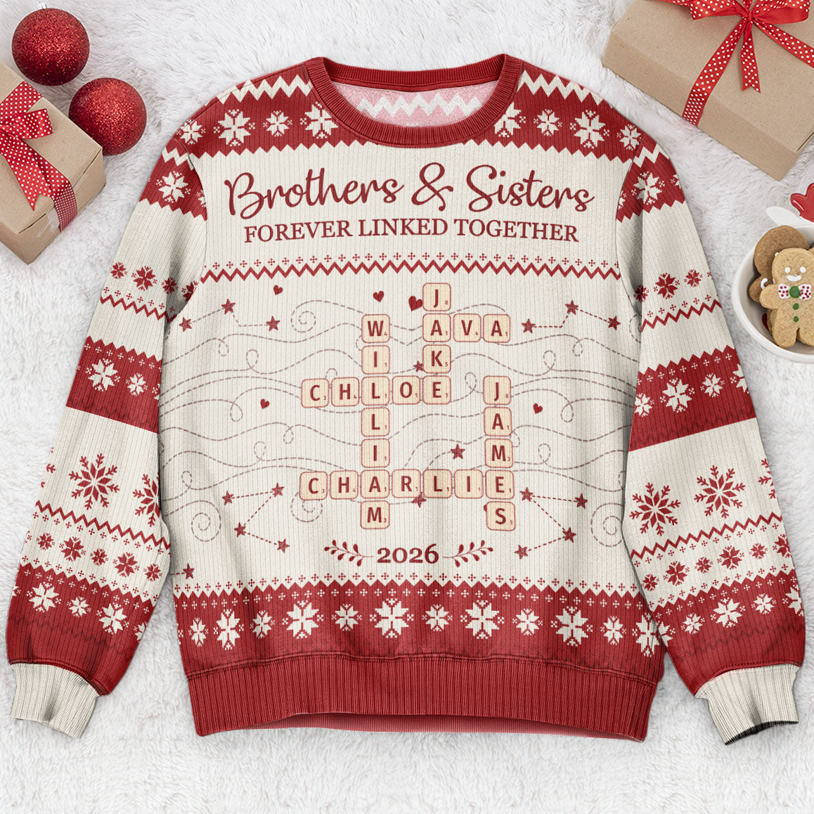 Personalized Brothers Sisters Crossword Ugly Christmas Sweater, Custom Holiday Family Gift