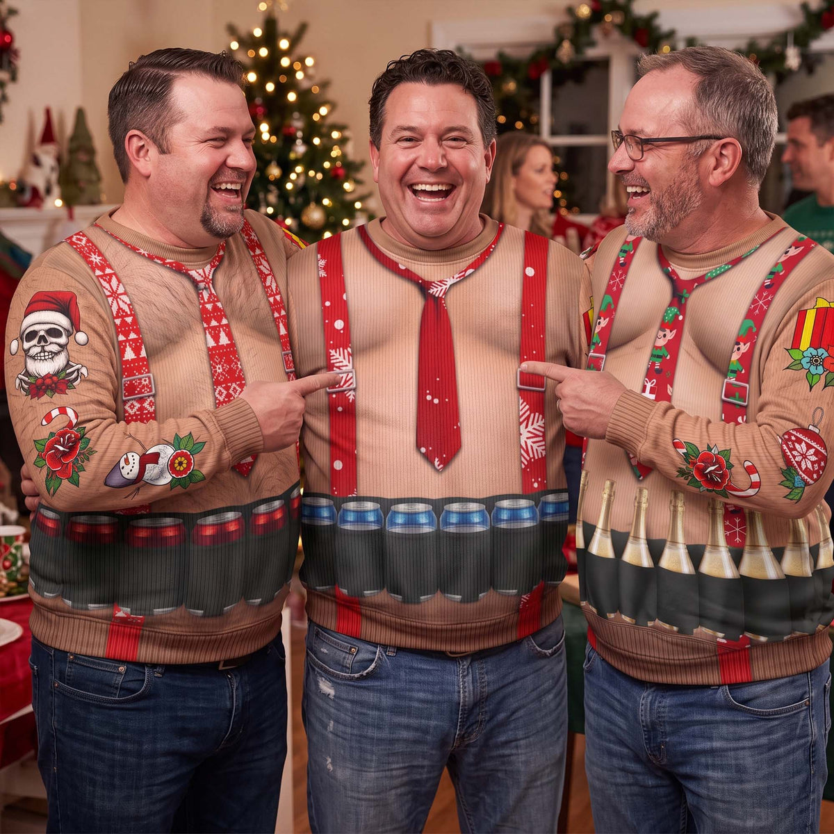 Funny Drinks Christmas Sweatshirt, 3D Muscle Santa Fake Ugly Xmas Sweater, Novelty Gag Gift for Men