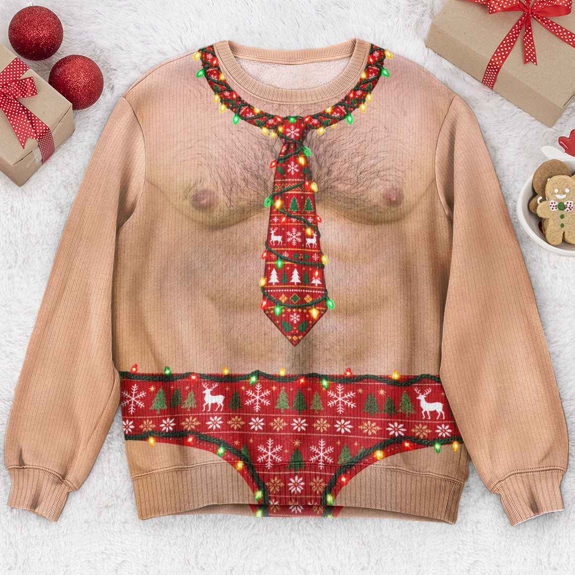 Funny Optical Illusion Ugly Christmas Sweater, Hilarious Gag Gift for Men, Tie & String Light Print Jumper