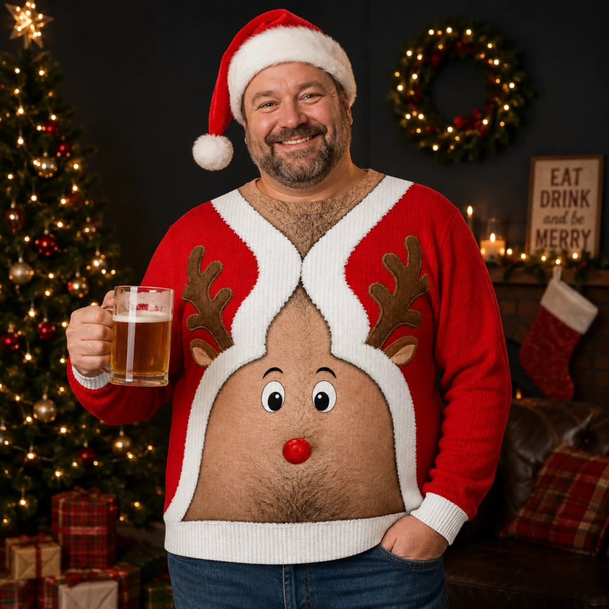 Personalized Funny Reindeer Belly 3D Illusion Ugly Christmas Sweatshirt, Custom Skin Tone Novelty Holiday Crewneck, "Official Christmas Belly" Xmas Gift for Men, Husband, Dad, Brother