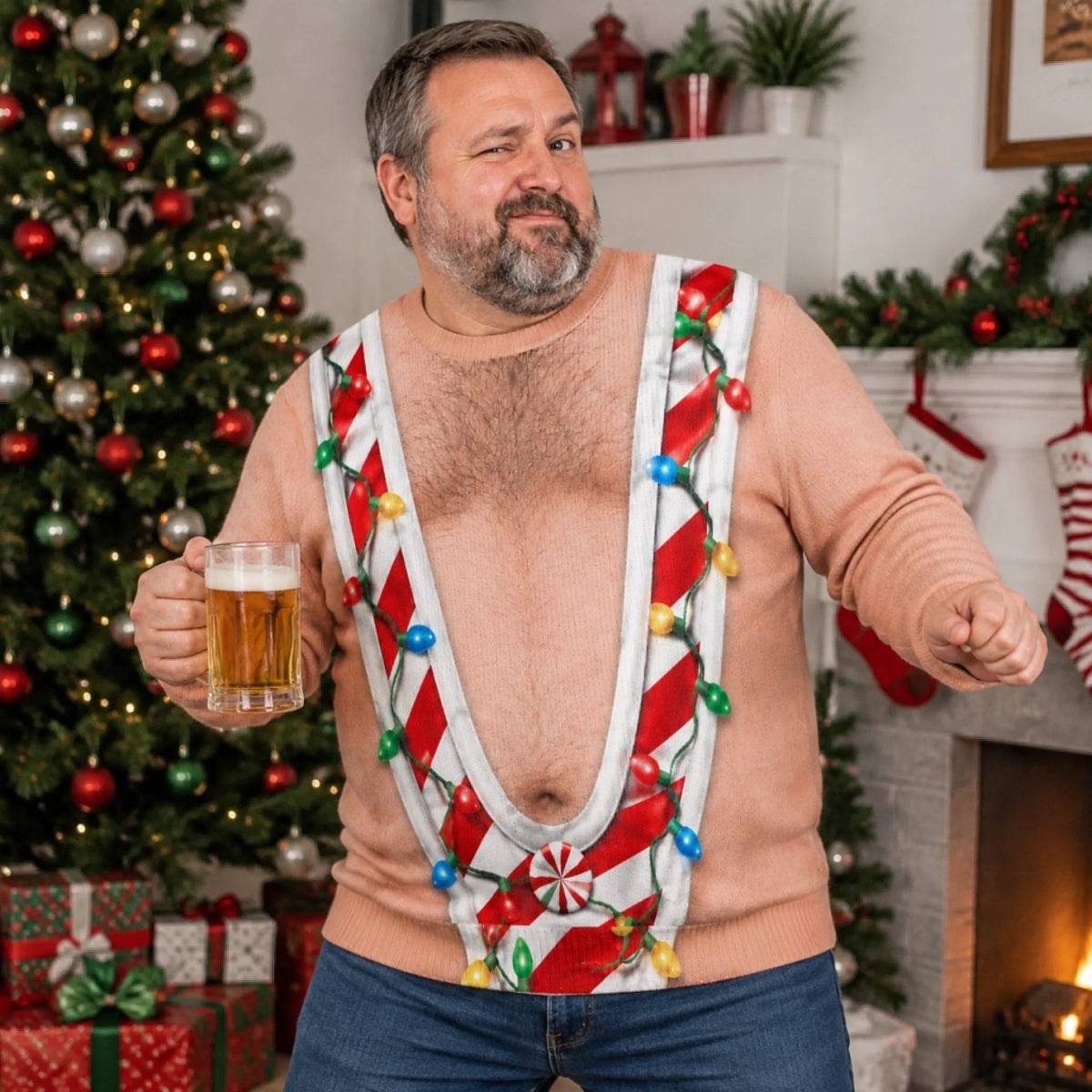 Personalized Funny Christmas Lights Belly 3D Illusion Ugly Christmas Sweatshirt, Custom Body Type, Skin Tone & Top Pattern Novelty Holiday Crewneck, "My Belly Brings The Cheer" Xmas Gift for Men, Husband, Dad, Brother