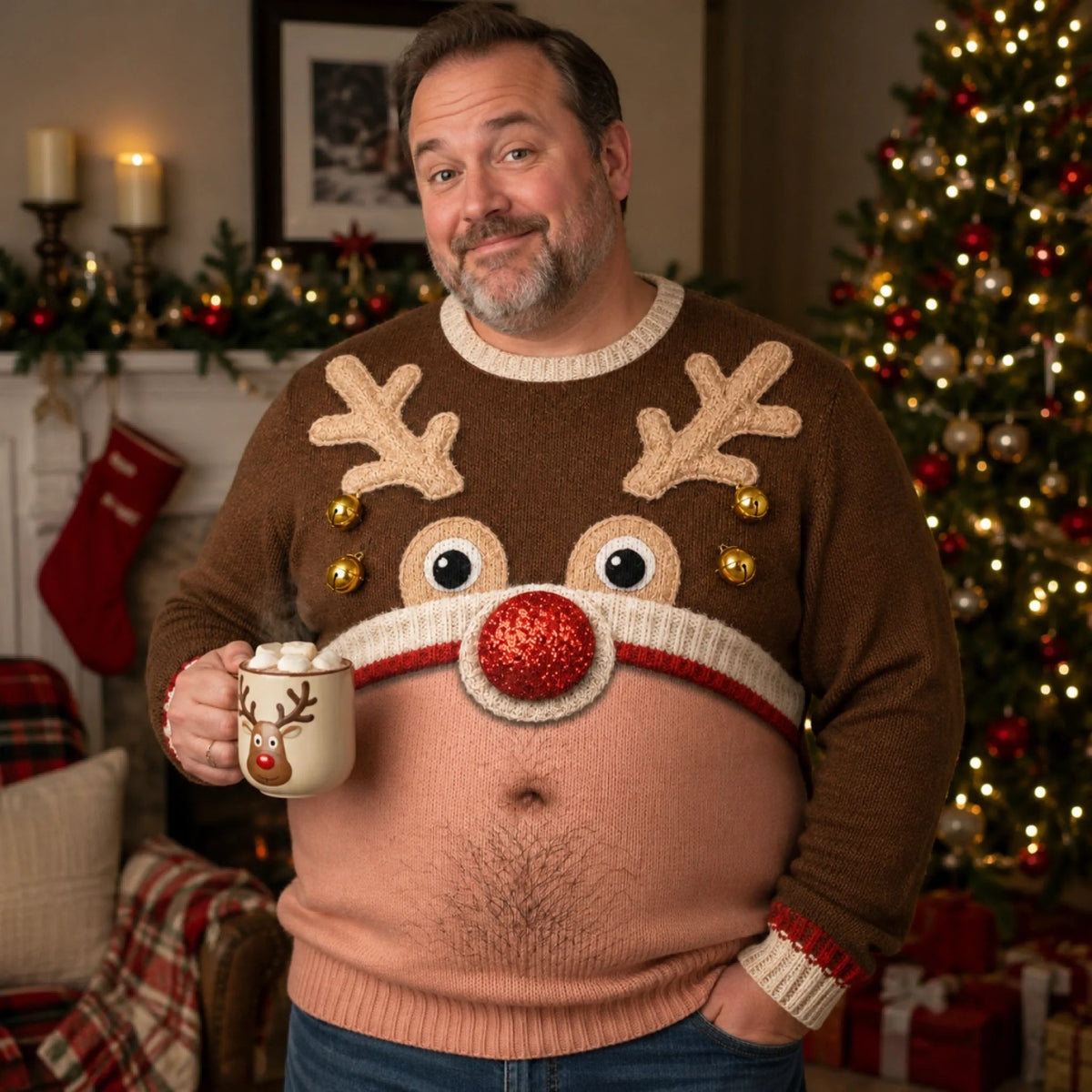 Personalized Funny Reindeer Belly Ugly Christmas Sweatshirt, Custom Skin Tone & Body Type Novelty Holiday Crewneck, "My Reindeer Belly Says Merry" Xmas Gift for Men, Husband, Dad, Brother