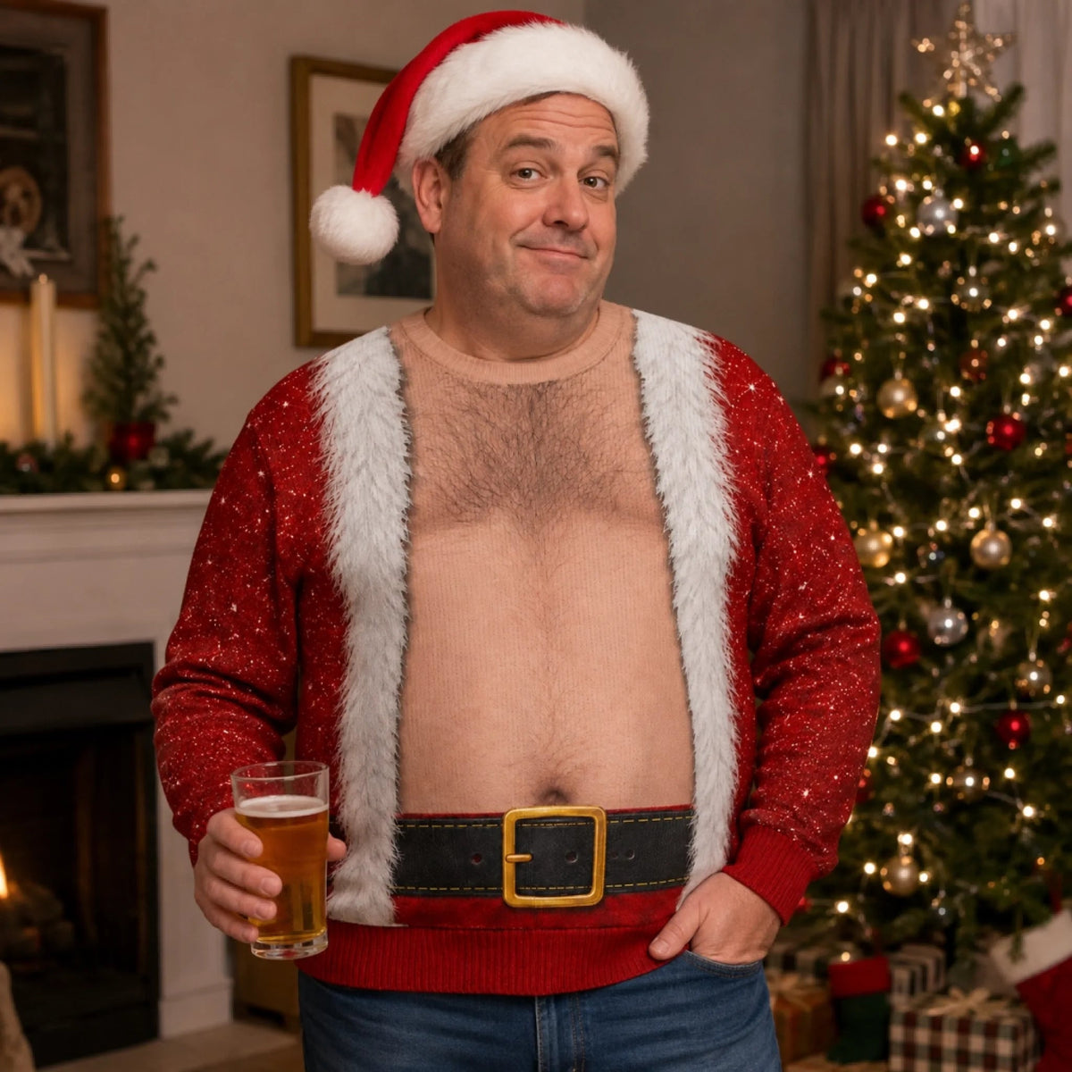 Personalized Funny Santa Open Coat Belly 3D Illusion Ugly Christmas Sweatshirt, Custom Body Type & Skin Tone Novelty Holiday Crewneck, "Santa Came With A Belly" Xmas Gift for Men, Husband, Dad, Brother