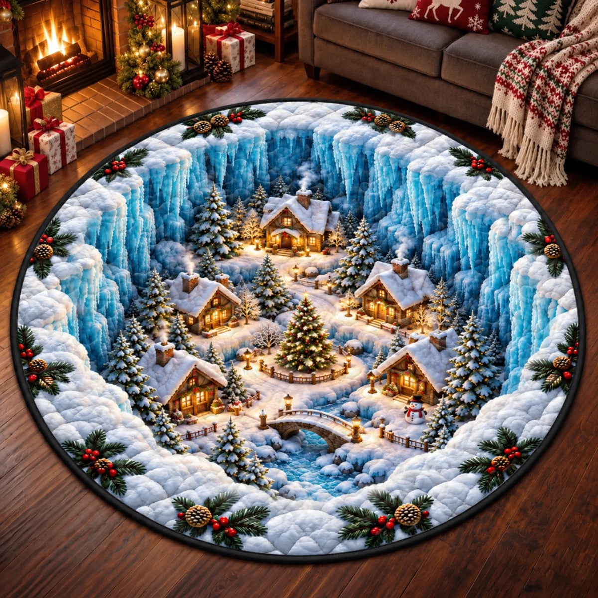 Custom Quilted Round Mat, 3D Illusion Icy Winter Village Christmas Round Rug, Personalized Christmas Birthday Gifts For Mom, Dad, Brother, Sister - Bright Lights On Cold Nights