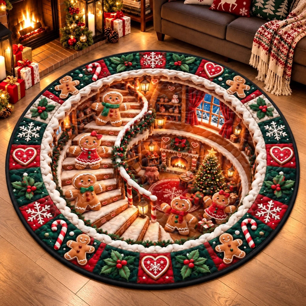 Custom Quilted Round Mat, 3D Illusion Gingerbread Cozy House Christmas Round Rug, Personalized Christmas Birthday Gifts For Mom, Dad, Brother, Sister - Warm Wishes In Cozy House
