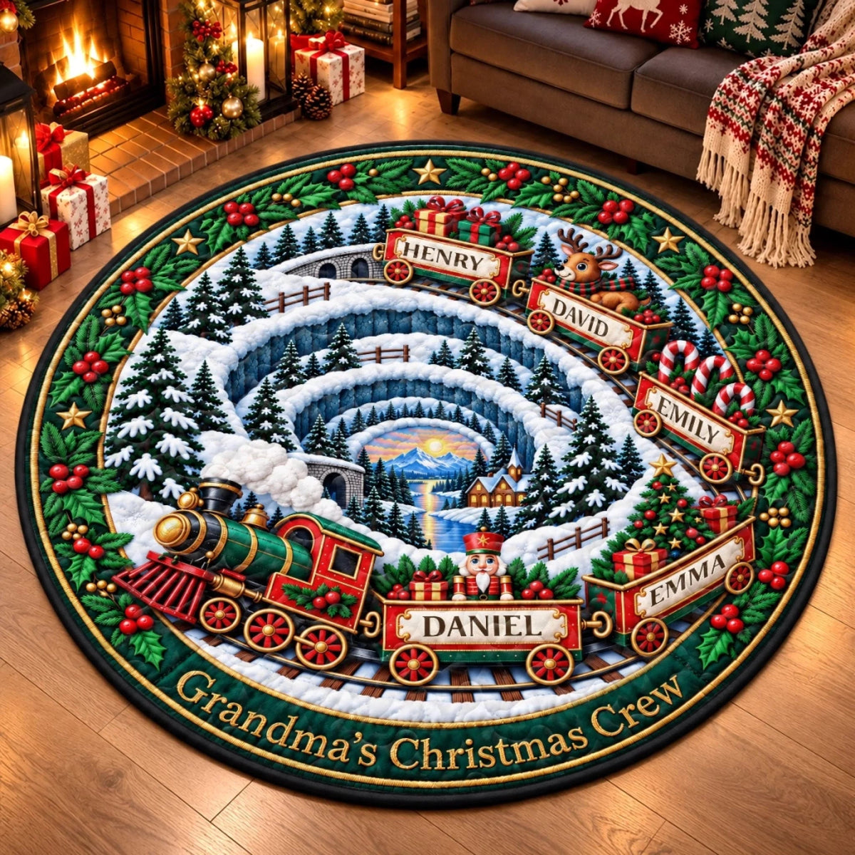 Custom Christmas Train Quilted Round Mat, Personalized Grandkids Names 3D Illusion Christmas Round Rug, Custom Quote & Names, Christmas Birthday Gifts For Grandma, Grandpa - Grandma's Christmas Train Crew