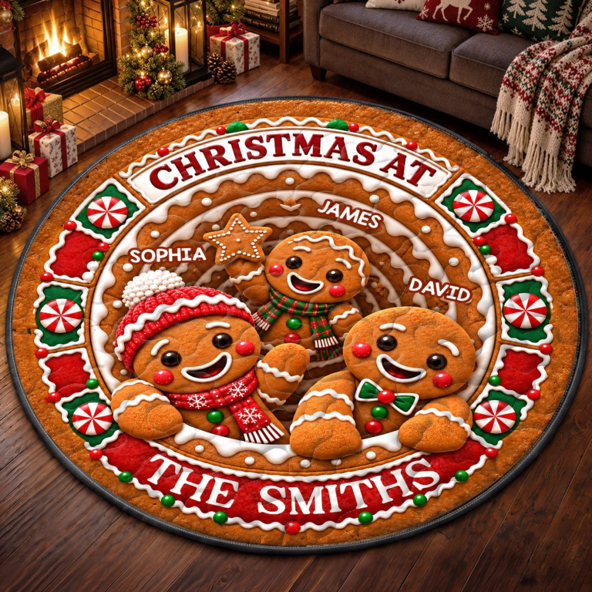 Custom Gingerbread Quilted Round Mat, Personalized Family Gingerbread 3D Illusion Christmas Round Rug, Custom Names For Family Members, Christmas Birthday Gifts For Mom, Dad, Brother, Sister - Keep Calm And Build Gingerbread Houses