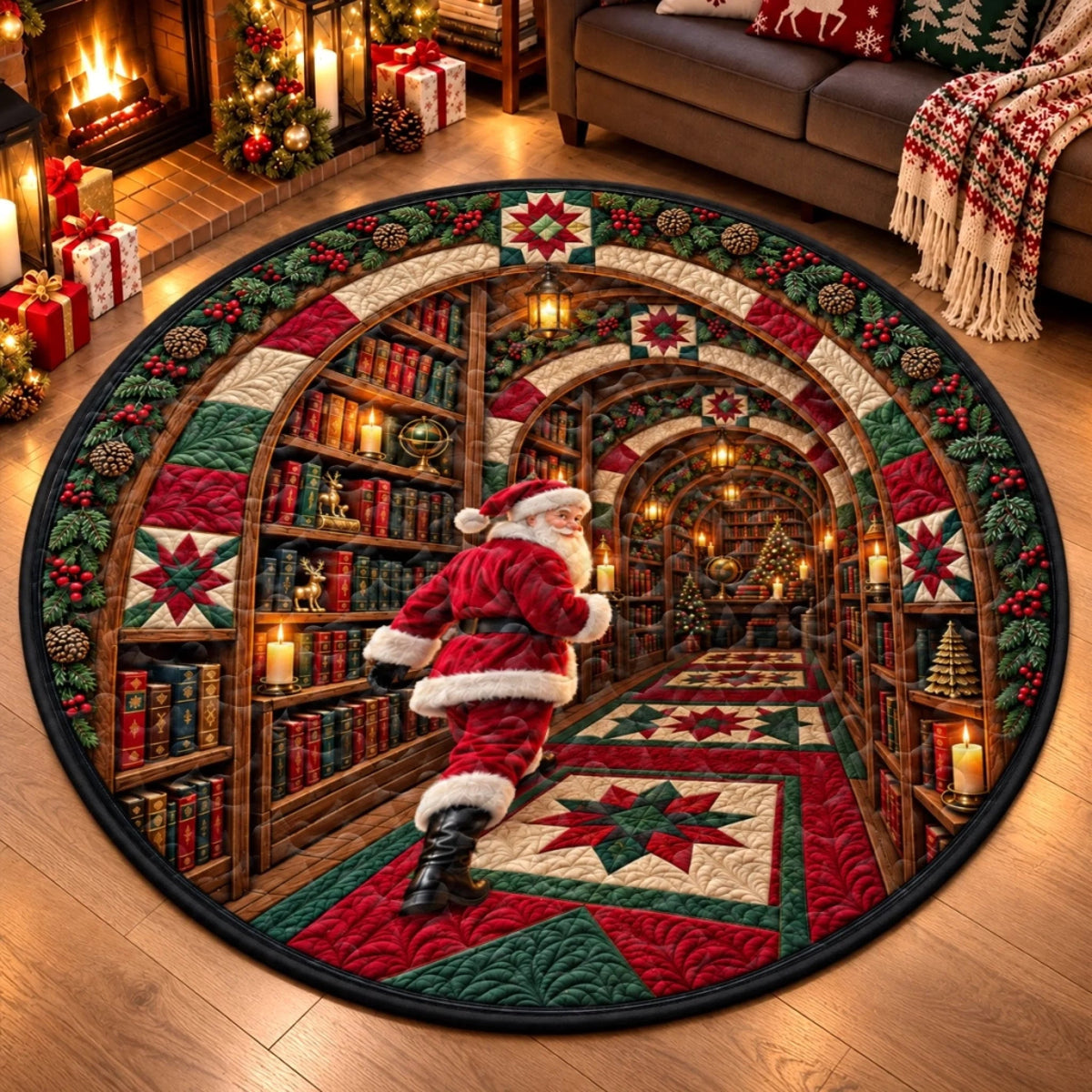 Custom Quilted Round Mat, 3D Illusion Secret Library Christmas Round Rug, Personalized Christmas Birthday Gifts For Mom, Dad, Brother, Sister - Welcome To The Secret Library