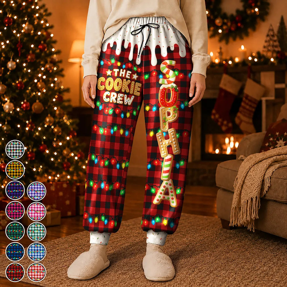 The Cookie Crew Family Gingerbread Name Personalized Sweatpants, Custom Christmas Plaid Lounge Pants, Family Matching Holiday Pajama Bottoms, Christmas Gift For Family