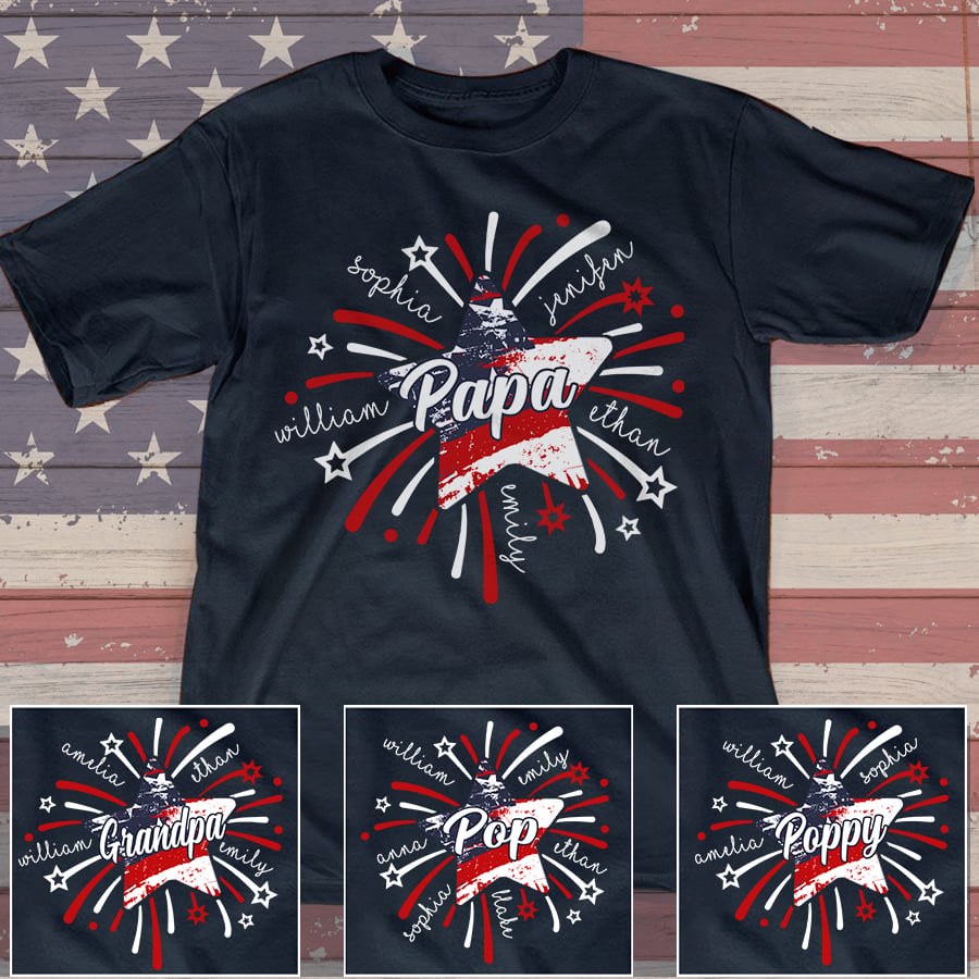 Personalized 4th of July Papa Shirt – Custom Grandpa and Grandkids Star Firework American Flag Design, Patriotic Gift for Papa