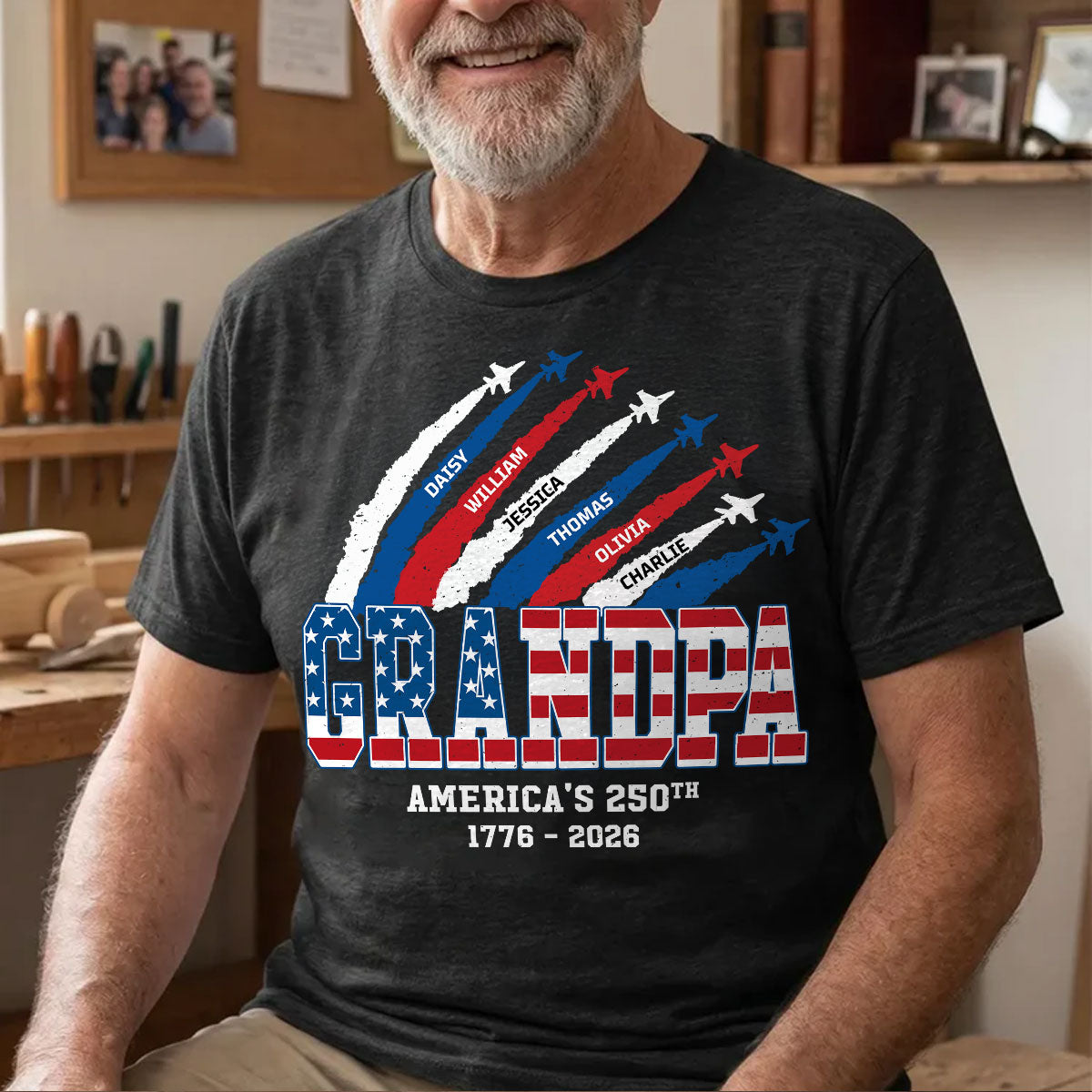 Personalized America's 250th Anniversary Papa Shirt - Patriotic Airplane Trail T-Shirt with Grandkids Names, Custom Dad/Grandpa 4th of July Tee