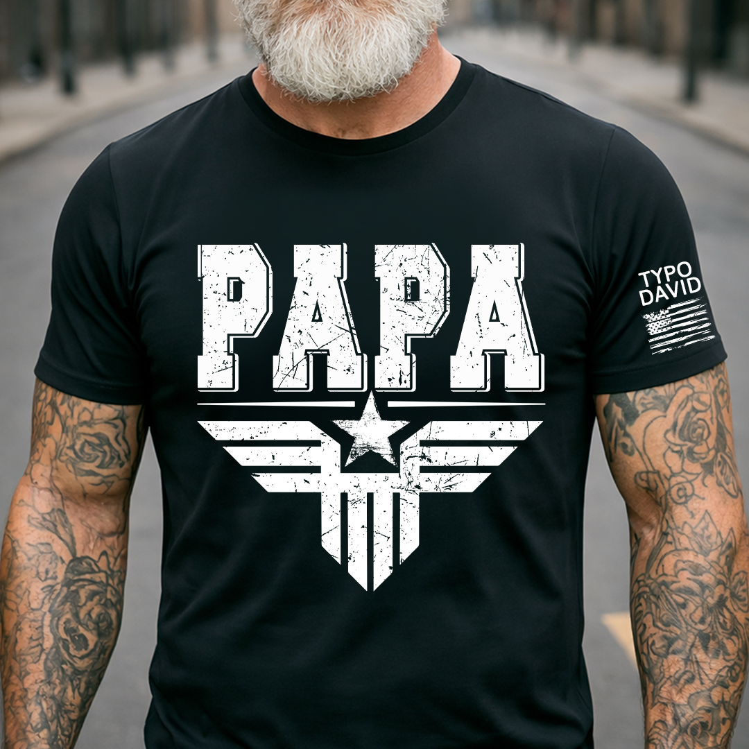 Patriotic Papa Custom American Flag T-Shirt – Military Eagle Graphic Tee, Personalized Sleeve, Father’s Day Gift