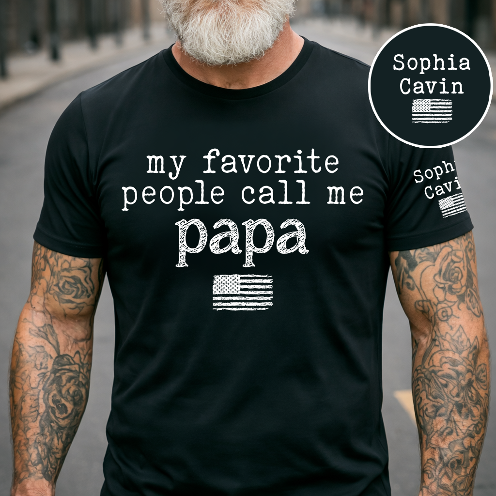 My Favorite People Call Me Papa Custom T-Shirt – Personalized Patriotic Tee with Kids Names on Sleeve, Father’s Day Gift for Grandpa