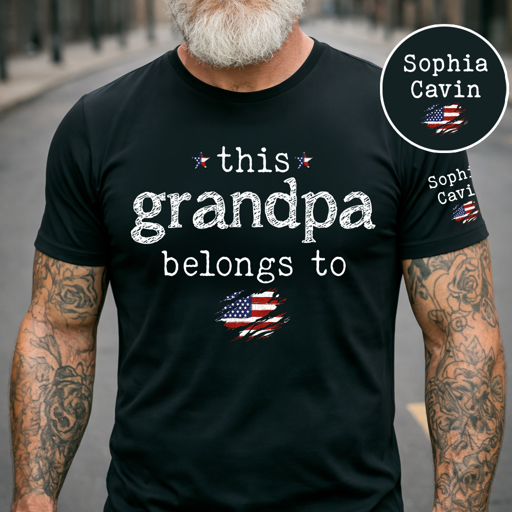 This Grandpa Belongs To Custom T-Shirt – Personalized Patriotic Tee with Kids Names on Sleeve, Father’s Day Gift for Grandpa