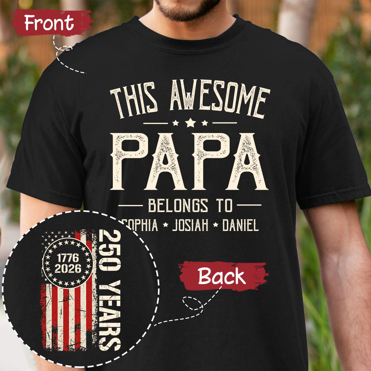 This Awesome Papa Belongs To Custom T-Shirt – Patriotic 250th Anniversary American Flag Tee with Kids Names, Father’s Day Gift for Grandpa