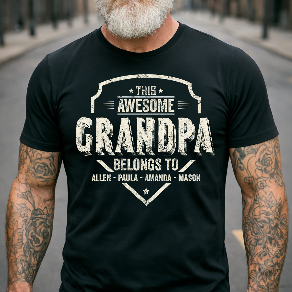 Personalized Vintage This Awesome Grandpa Belongs To T-Shirt – Custom Grandkids Names Retro Distressed Tee,  Gift for Grandpa