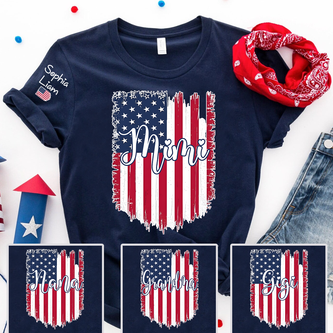 Personalized Distressed Brushstroke American Flag Mimi T-Shirt | Custom Grandkids Names On Sleeve Patriotic Grandma Tee, 4th of July Mother’s Day Gift for Grandma