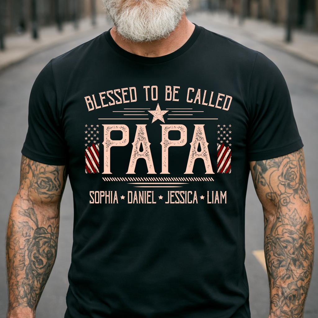 Blessed To Be Called Papa Custom T-Shirt – Personalized American Flag Tee with Kids Names, Father’s Day Gift for Grandpa