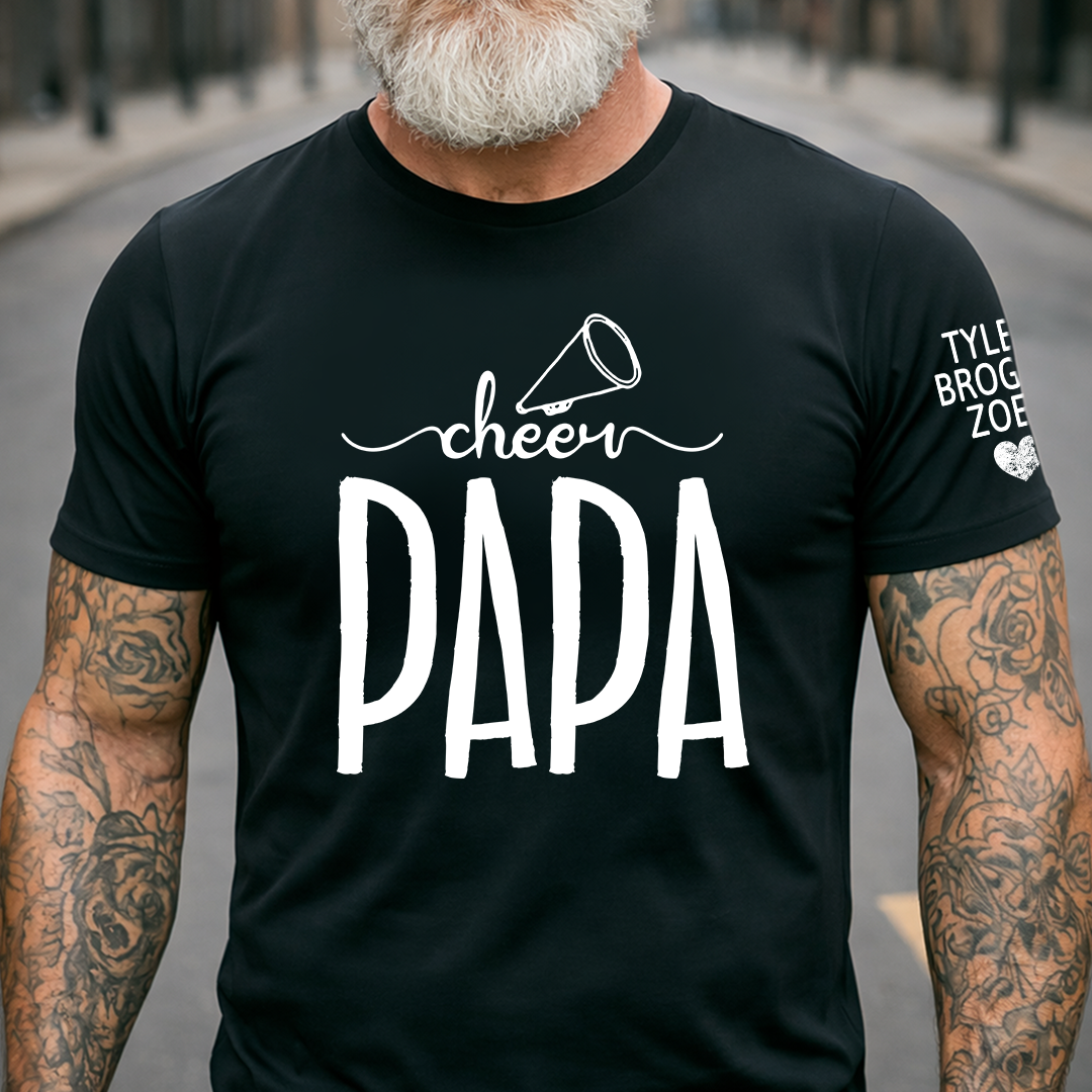 Custom Cheer Papa T-Shirt – Personalized Dad’s Cheer Tee with Kid‘s Names on Sleeve, Father’s Day Gift for Papa
