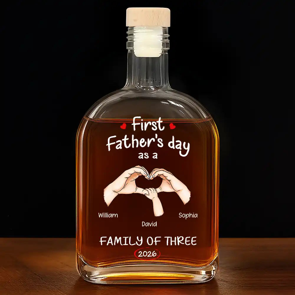 First Father’s Day As A Family Of Three Custom Engraved Whiskey Bottle – Personalized Names & Year Liquor Bottle, New Dad Gift