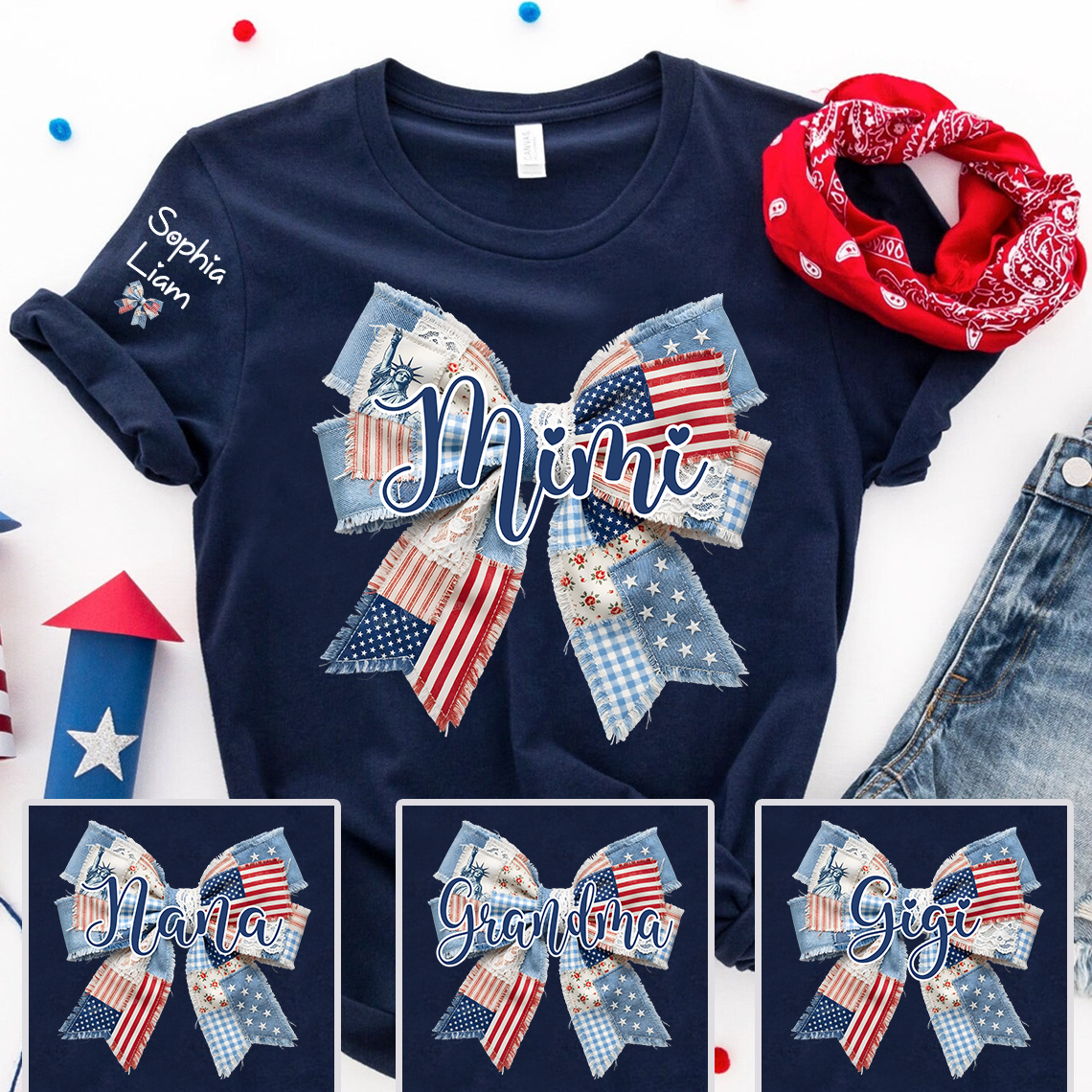 Personalized Vintage Patchwork Patriotic Bow Mimi T-Shirt | Custom Grandkids Names On Sleeve 4th of July Grandma Tee, Mother’s Day & Birthday Gift for Grandma
