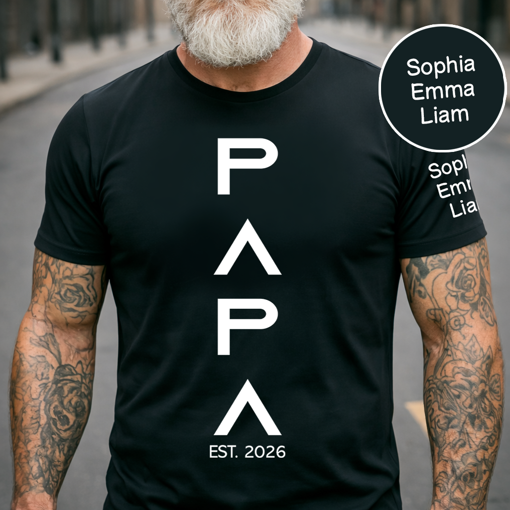Personalized Papa Shirt with Kids’ Names on Sleeve – Minimalist Vertical Papa Design Tee, Custom Grandpa Family T-Shirt, Gift for Father‘s Day Birthday