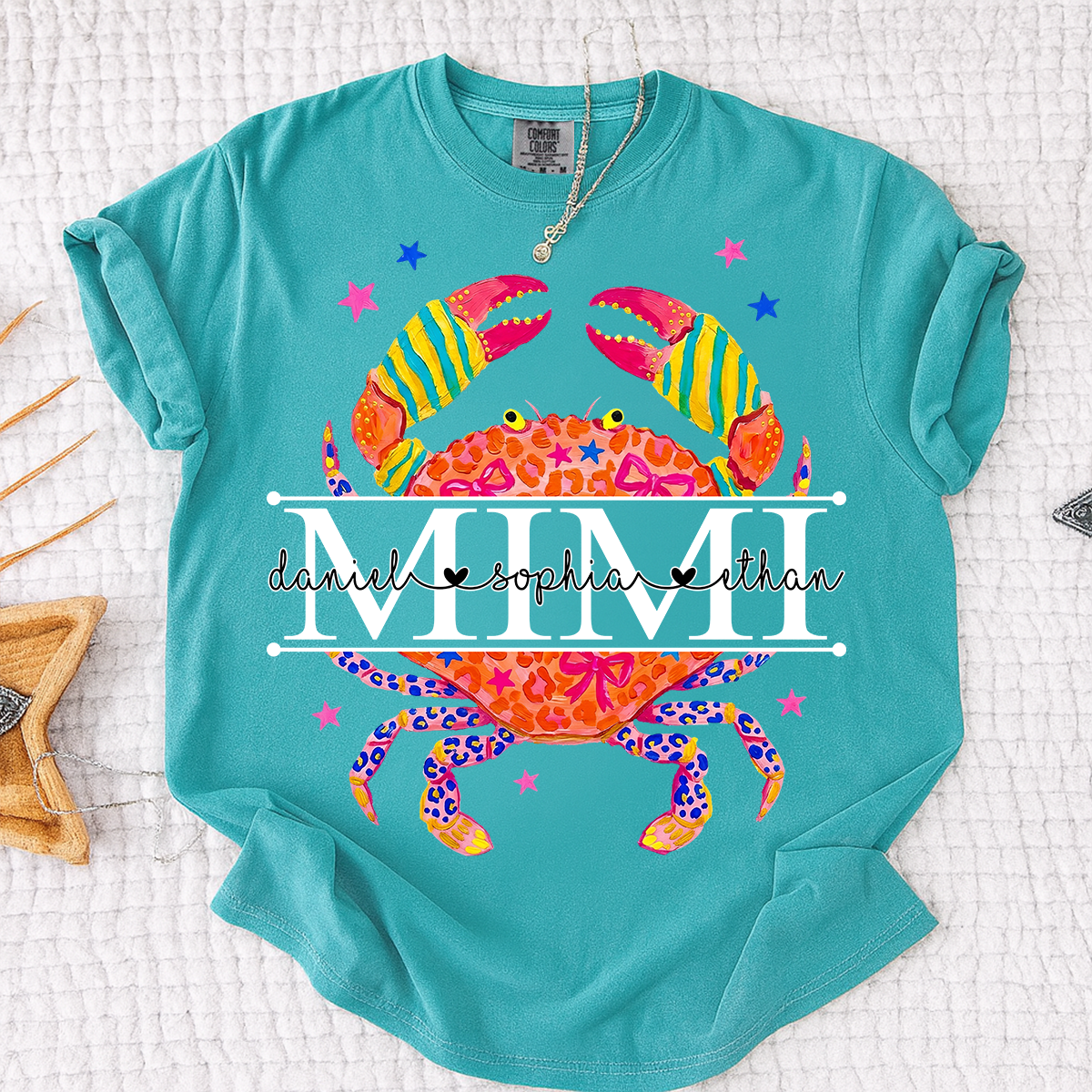 Personalized Preppy Leopard Crab Mimi T-Shirt | Custom Grandkids Names Summer Beach Grandma Tee, Vacation & Mother’s Day Gift for Grandma