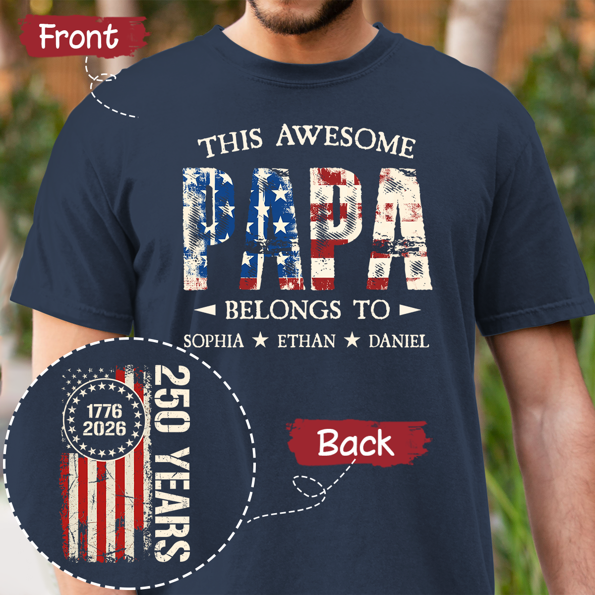 This Awesome Papa Belongs To Custom T-Shirt – Patriotic 250th Anniversary American Flag Tee with Kids Names, Father’s Day Gift for Grandpa