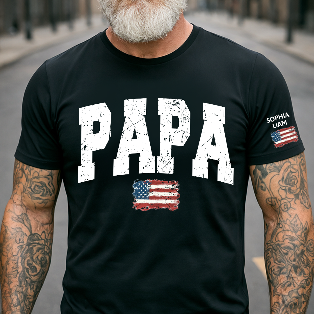 Personalized American Flag Printed Papa T-Shirt – Custom Grandpa and Kids Names, Patriotic Father’s Day Gift for Papa