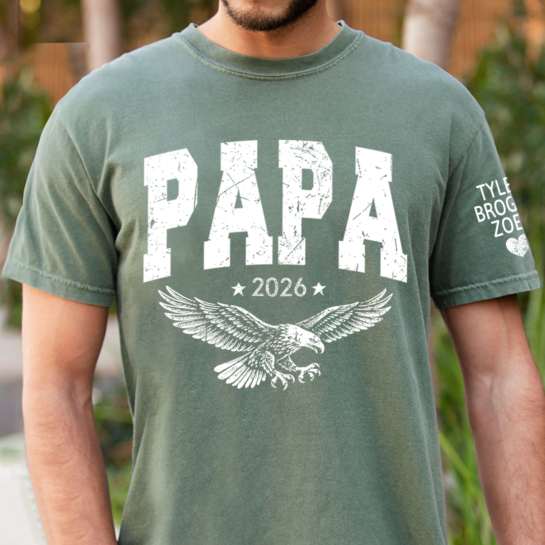 Custom Papa T-Shirt – Personalized Distressed Patriotic Eagle Design, Father’s Day Tee for Grandpa with Custom Name & Year