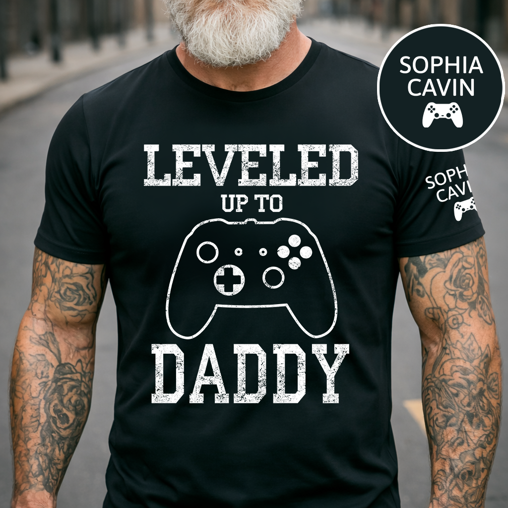 Leveled Up to Daddy Shirt, Funny Gamer Dad T Shirt, Video Game Gift for New Dad, Fathers Day Birthday Gift for Gamer