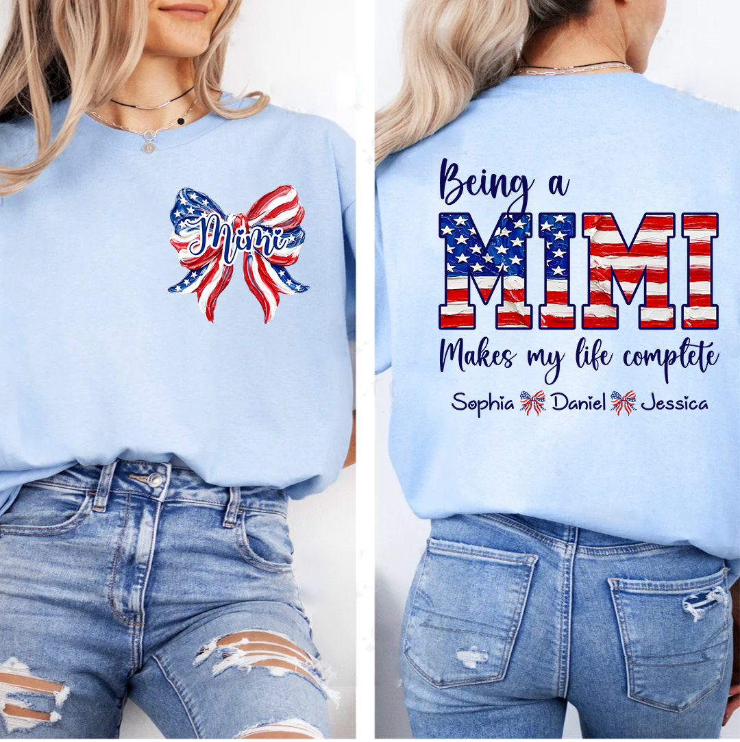 Double-Sided Patriotic USA Bow Mimi T-Shirt | Custom Grandkids Names 4th of July Grandma Tee, Mother’s Day Gift for Nana Gigi Grandma
