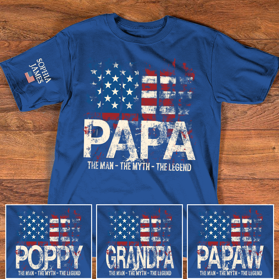 Papa The Man The Myth The Legend Custom T-Shirt – Personalized American Flag Tee with Kids Names, Gift for Grandpa