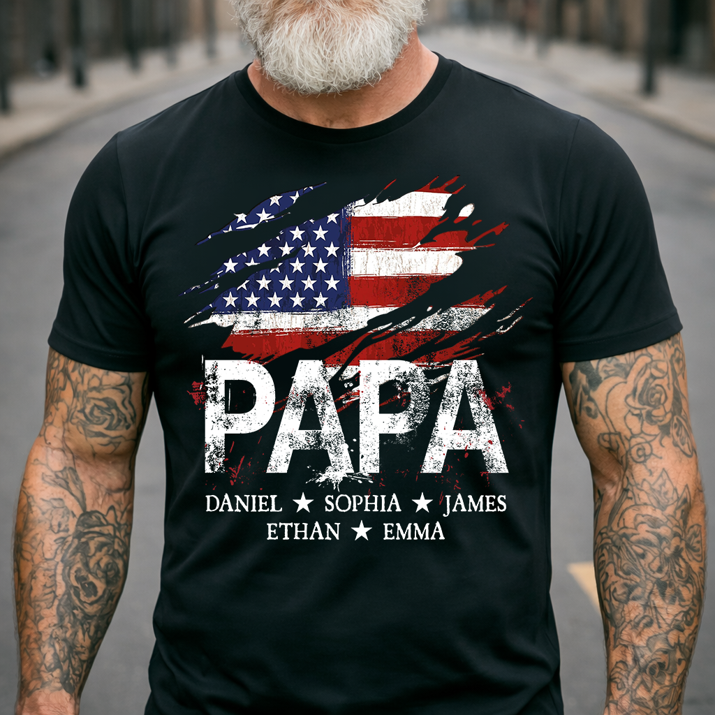 Papa Torn American Flag Custom T-Shirt – Personalized Patriotic Tee with Kids Names, Father’s Day Gift for Grandpa