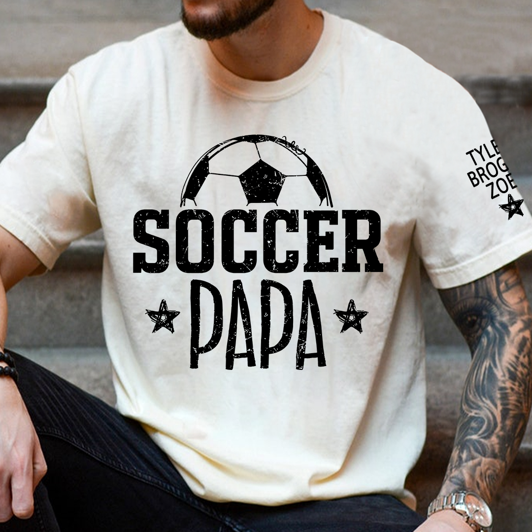 Custom Soccer Papa Shirt – Personalized Soccer Dad T-Shirt with Kids Names on Sleeve, Gift for Grandpa Father’s Day