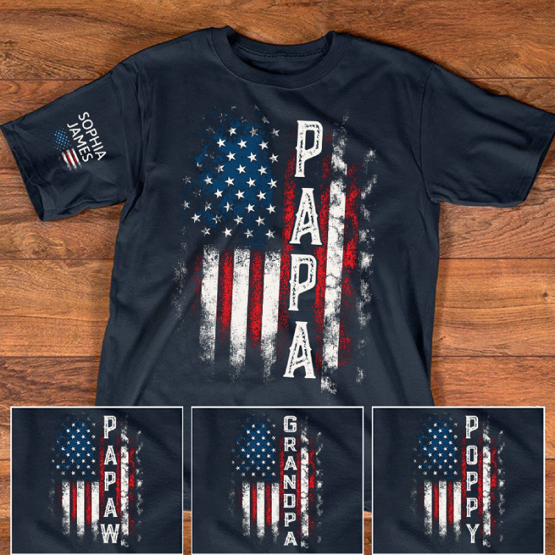 Vertical Papa American Flag Custom T-Shirt – Personalized Patriotic Tee with Kids Names on Sleeve, Father’s Day Gift for Grandpa